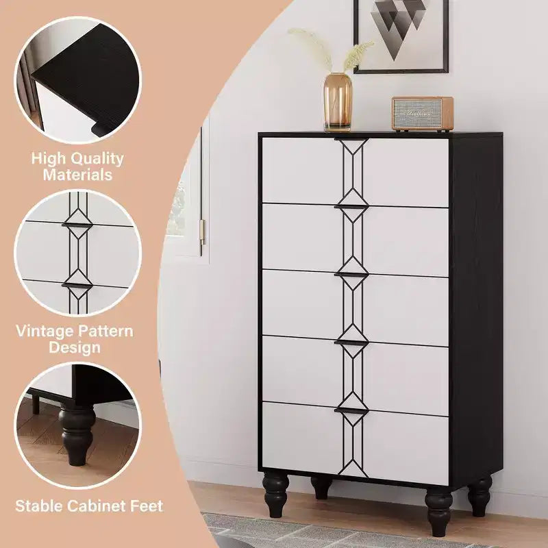 Commode à 5 tiroirs Whizmax Modern en bois avec motif vintage, commode haute avec tiroirs profonds pour chambre à coucher et salon, noir et blanc