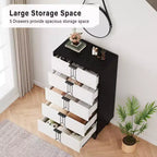 Commode à 5 tiroirs Whizmax Modern en bois avec motif vintage, commode haute avec tiroirs profonds pour chambre à coucher et salon, noir et blanc