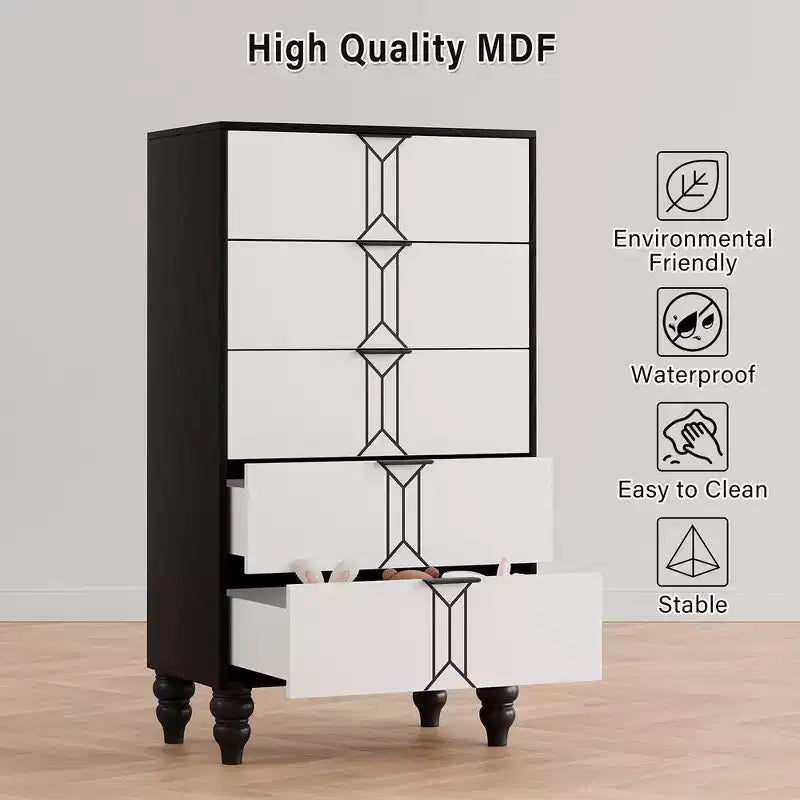 Commode à 5 tiroirs Whizmax Modern en bois avec motif vintage, commode haute avec tiroirs profonds pour chambre à coucher et salon, noir et blanc
