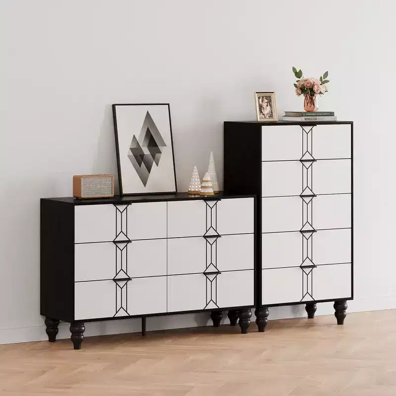 Commode à 5 tiroirs Whizmax Modern en bois avec motif vintage, commode haute avec tiroirs profonds pour chambre à coucher et salon, noir et blanc