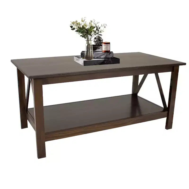 Table basse d'intérieur Sunnydaze en pin massif avec étagère de rangement - Marron foncé - 43.5