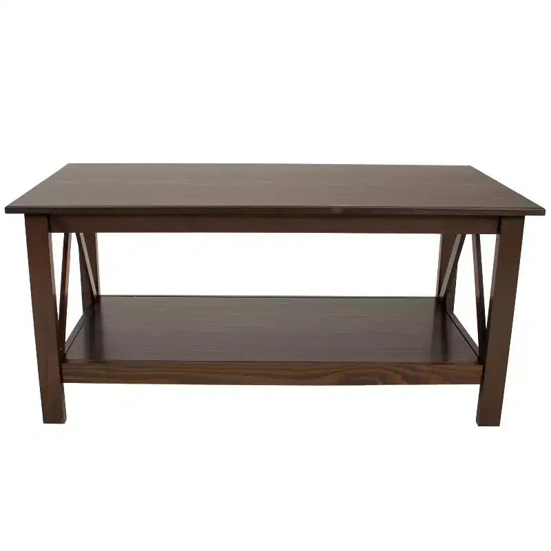 Table basse d'intérieur Sunnydaze en pin massif avec étagère de rangement - Marron foncé - 43.5