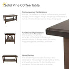 Table basse d'intérieur Sunnydaze en pin massif avec étagère de rangement - Marron foncé - 43.5