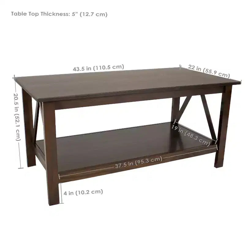 Table basse d'intérieur Sunnydaze en pin massif avec étagère de rangement - Marron foncé - 43.5
