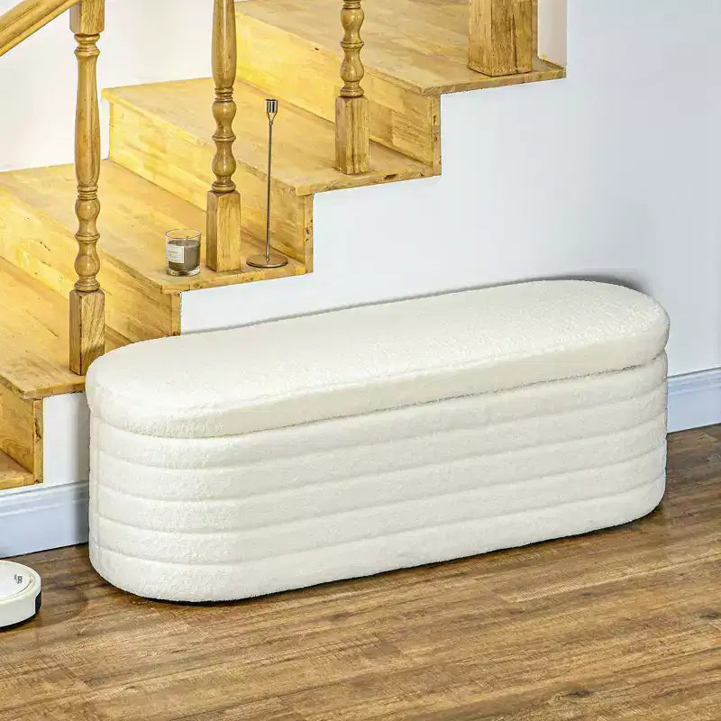 Banc de bout de lit HOMCOM, banc de rangement rembourré en tissu peluche avec cadre en bois pour salon, couloir, chambre, blanc crème