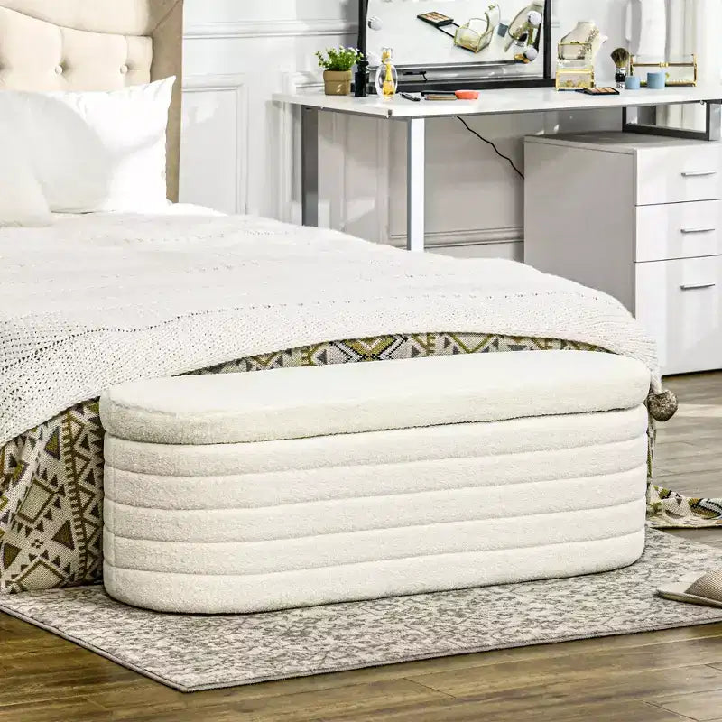 Banc de bout de lit HOMCOM, banc de rangement rembourré en tissu peluche avec cadre en bois pour salon, couloir, chambre, blanc crème