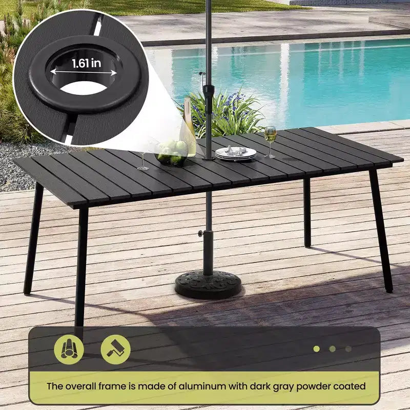 Crestlive Products Table de salle à manger d'extérieur en aluminium aspect bois avec trou pour parasol