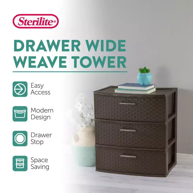 Sterilite Tour de Rangement Tressée Large à 3 Tiroirs, Tiroirs en Plastique pour Organiser les Vêtements dans la Chambre, le Placard, Lot de 2, Marron