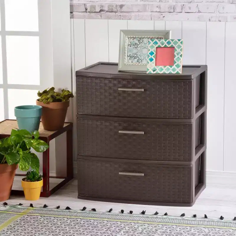 Sterilite Tour de Rangement Tressée Large à 3 Tiroirs, Tiroirs en Plastique pour Organiser les Vêtements dans la Chambre, le Placard, Lot de 2, Marron