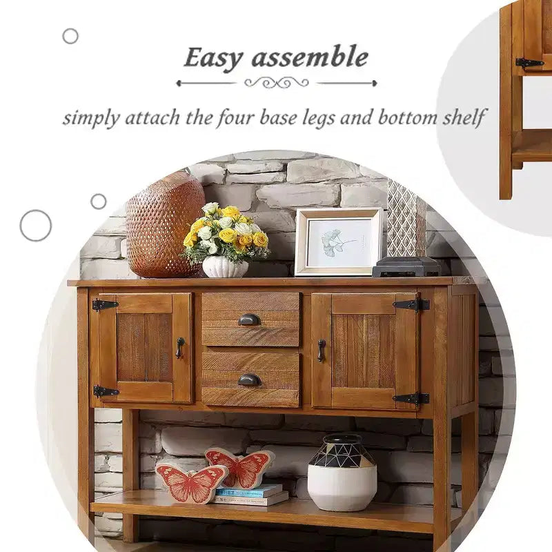 Console de ferme de 48 pouces, Table d'entrée avec 2 tiroirs et armoires, Table de canapé en bois massif avec étagères
