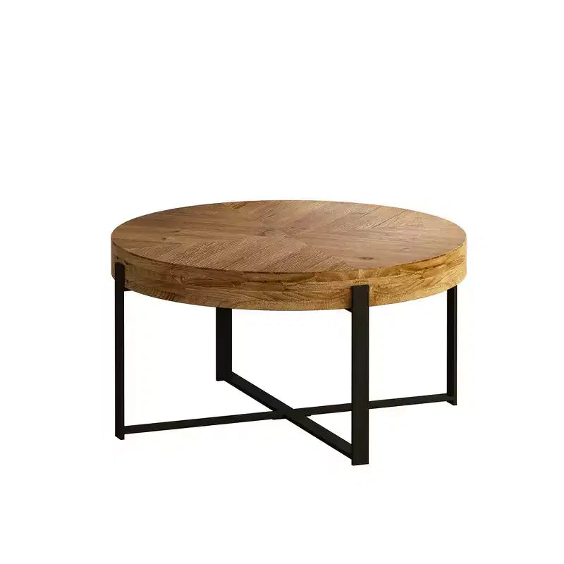 Table basse ronde moderne 33.86/31.29 avec plateau en bois de sapin et piètement croisé