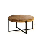Table basse ronde moderne 33.86/31.29 avec plateau en bois de sapin et piètement croisé