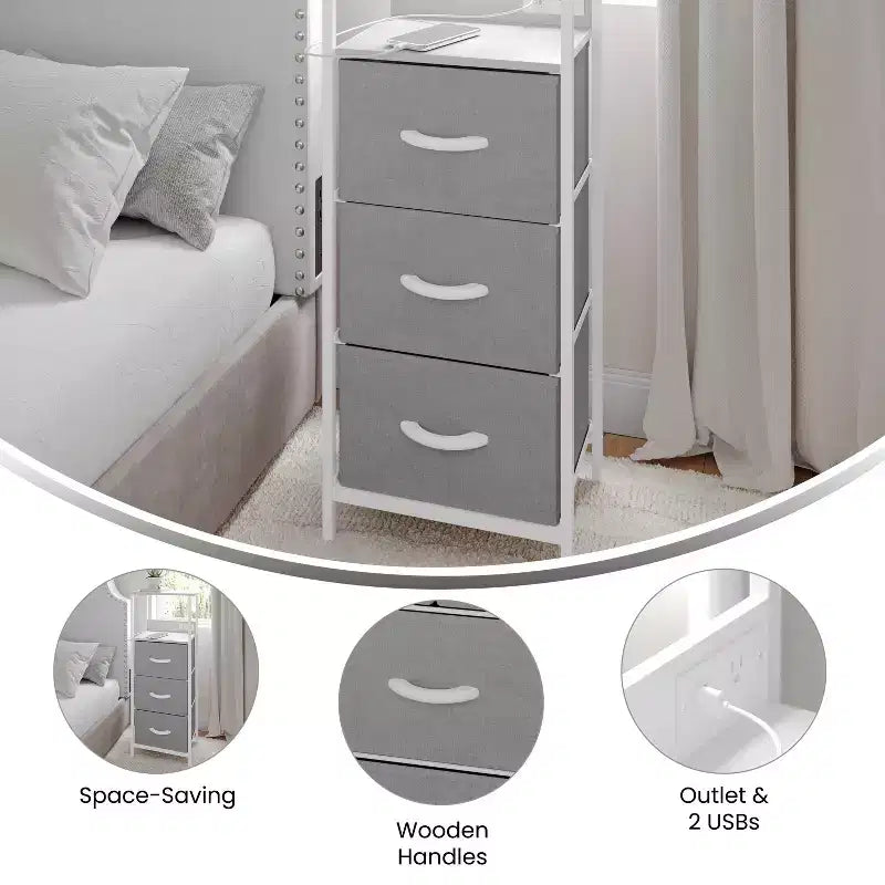 Flash Furniture Sodano, Table de chevet à 3 tiroirs avec station de charge, 2 ports USB et 1 prise, cadre en métal, plateau, tiroirs et poignées en bois composite