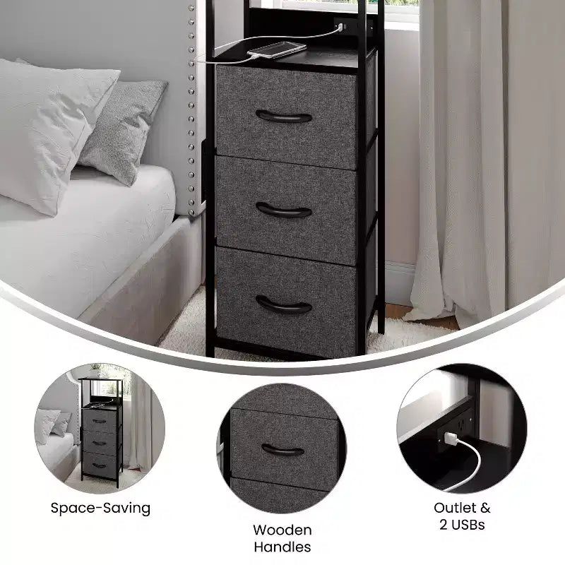 Flash Furniture Sodano, Table de chevet à 3 tiroirs avec station de charge, 2 ports USB et 1 prise, cadre en métal, plateau, tiroirs et poignées en bois composite