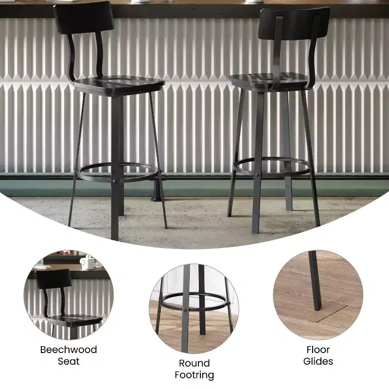 Tabouret de Bar de Restaurant Flash Furniture avec Assise et Dossier en Bois et Cadre Thermolaqué
