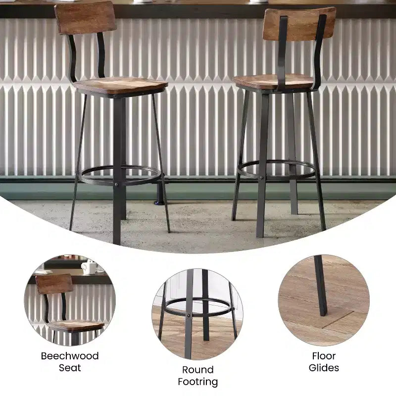 Tabouret de Bar de Restaurant Flash Furniture avec Assise et Dossier en Bois et Cadre Thermolaqué