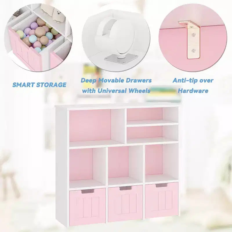 Meuble de rangement pour jouets, étagère à jouets pour enfants, bibliothèque avec roulettes cachées, 3 tiroirs amovibles pour chambre à coucher, salle de jeux et crèche, blanc rose