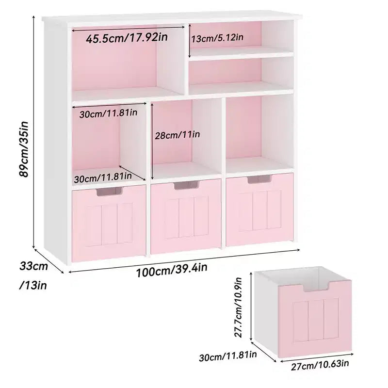Meuble de rangement pour jouets, étagère à jouets pour enfants, bibliothèque avec roulettes cachées, 3 tiroirs amovibles pour chambre à coucher, salle de jeux et crèche, blanc rose