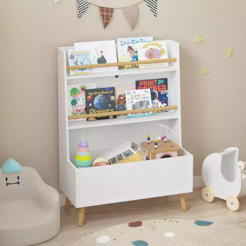 Étagère à livres pour enfants avec organisateur de jouets, bibliothèque à 3 niveaux en bois pour enfants, organisateur de rangement de jouets avec pieds, étagère pour chambre d'enfants, blanc