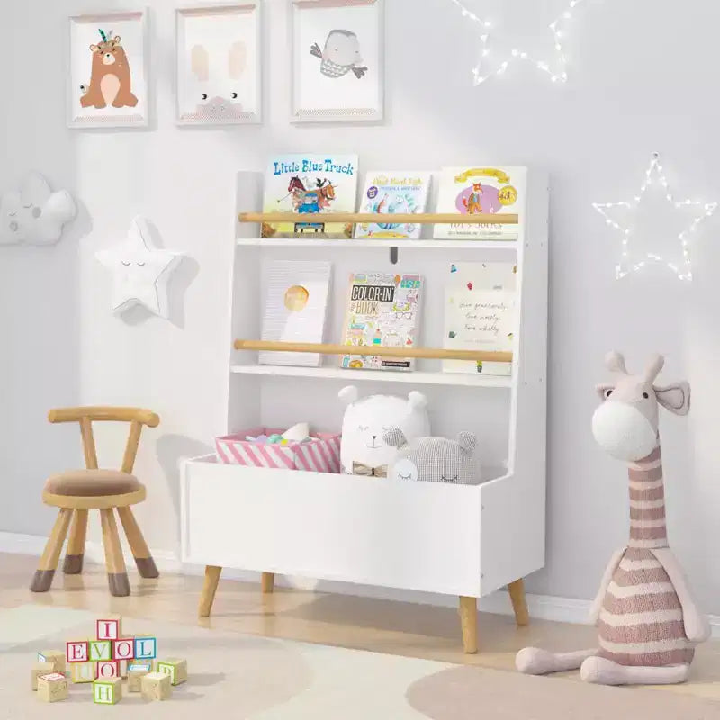 Étagère à livres pour enfants avec organisateur de jouets, bibliothèque à 3 niveaux en bois pour enfants, organisateur de rangement de jouets avec pieds, étagère pour chambre d'enfants, blanc