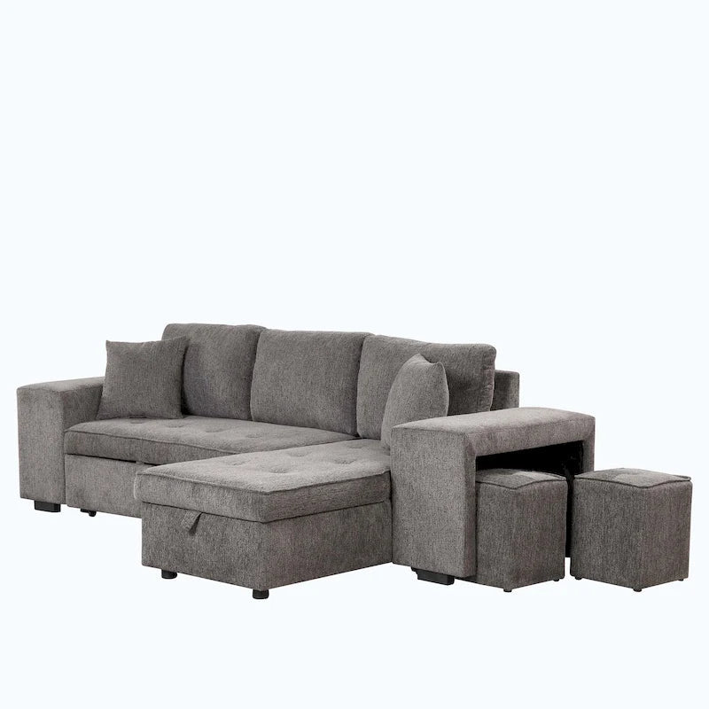 Canapé d'angle moderne réversible 3 places, avec méridienne de rangement et 2 poufs