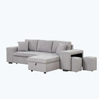 Canapé d'angle moderne réversible 3 places, avec méridienne de rangement et 2 poufs