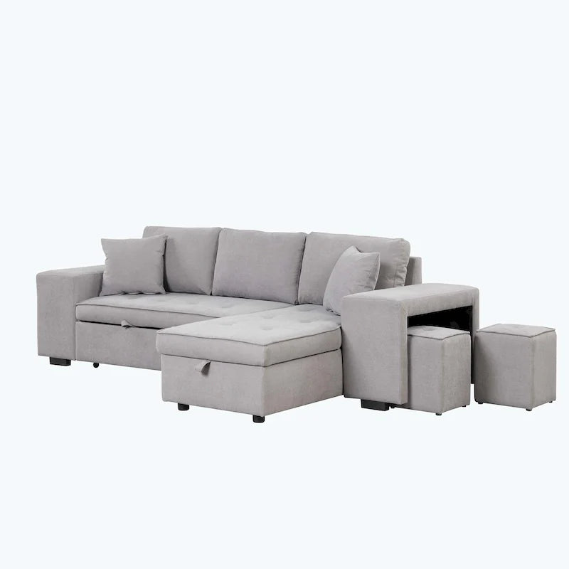 Canapé d'angle moderne réversible 3 places, avec méridienne de rangement et 2 poufs