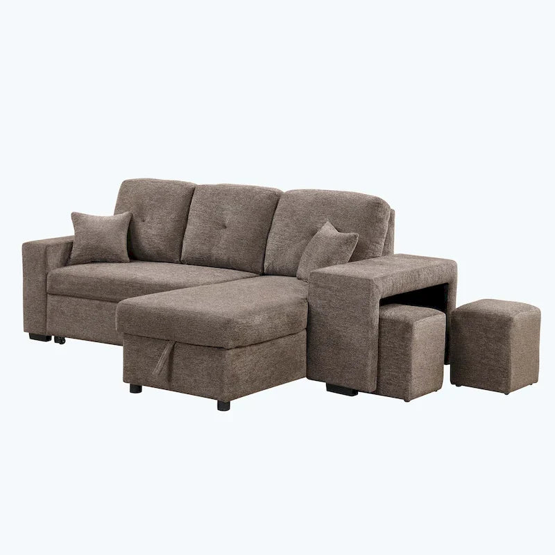 Canapé d'angle moderne réversible 3 places, avec méridienne de rangement et 2 poufs