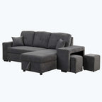 Canapé d'angle moderne réversible 3 places, avec méridienne de rangement et 2 poufs