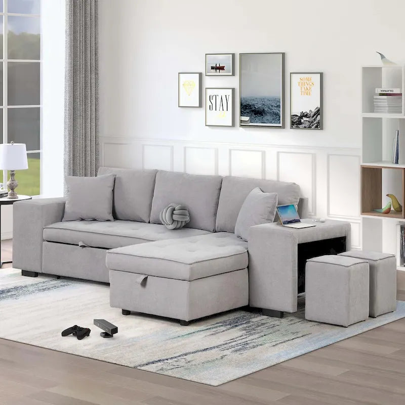 Canapé d'angle moderne réversible 3 places, avec méridienne de rangement et 2 poufs