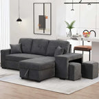 Canapé d'angle moderne réversible 3 places, avec méridienne de rangement et 2 poufs