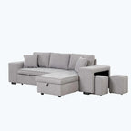 Canapé d'angle moderne réversible 3 places, avec méridienne de rangement et 2 poufs