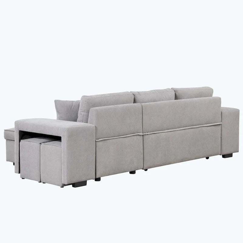 Canapé d'angle moderne réversible 3 places, avec méridienne de rangement et 2 poufs
