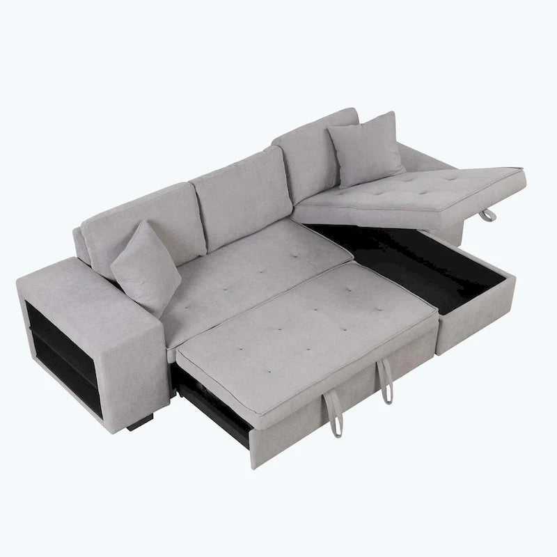 Canapé d'angle moderne réversible 3 places, avec méridienne de rangement et 2 poufs