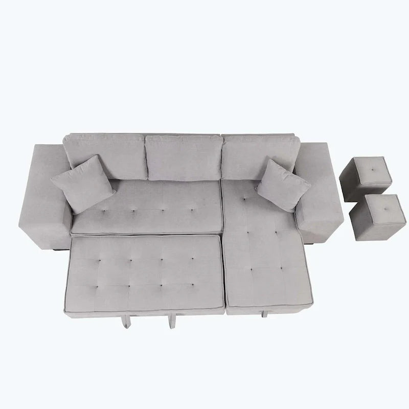 Canapé d'angle moderne réversible 3 places, avec méridienne de rangement et 2 poufs