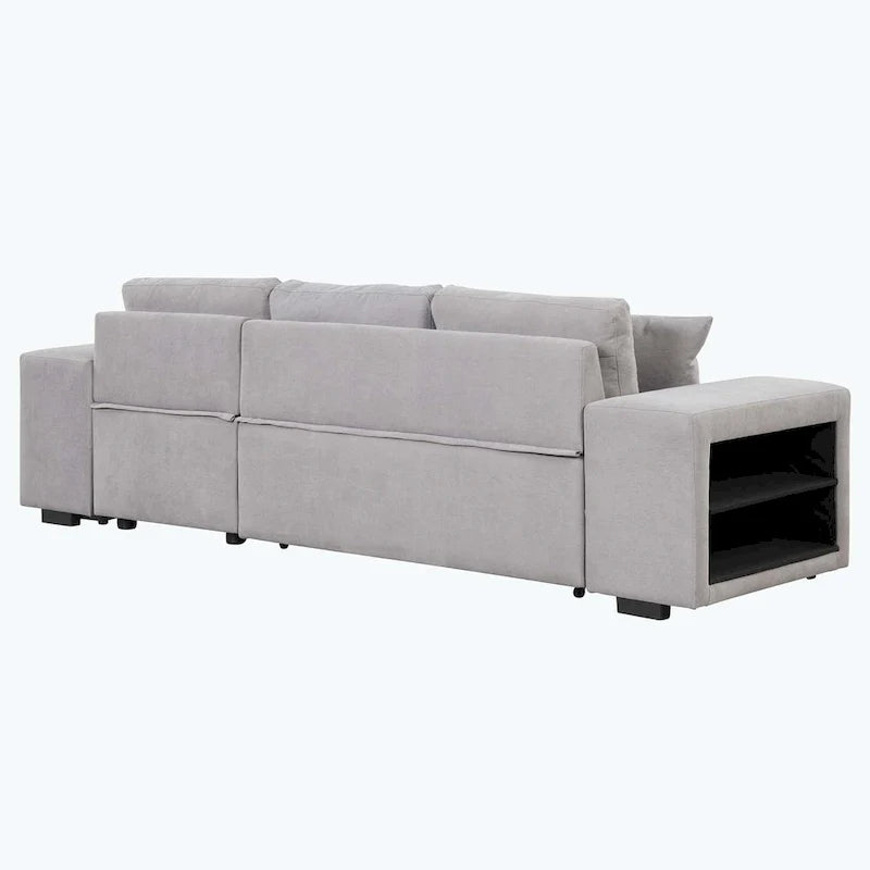 Canapé d'angle moderne réversible 3 places, avec méridienne de rangement et 2 poufs