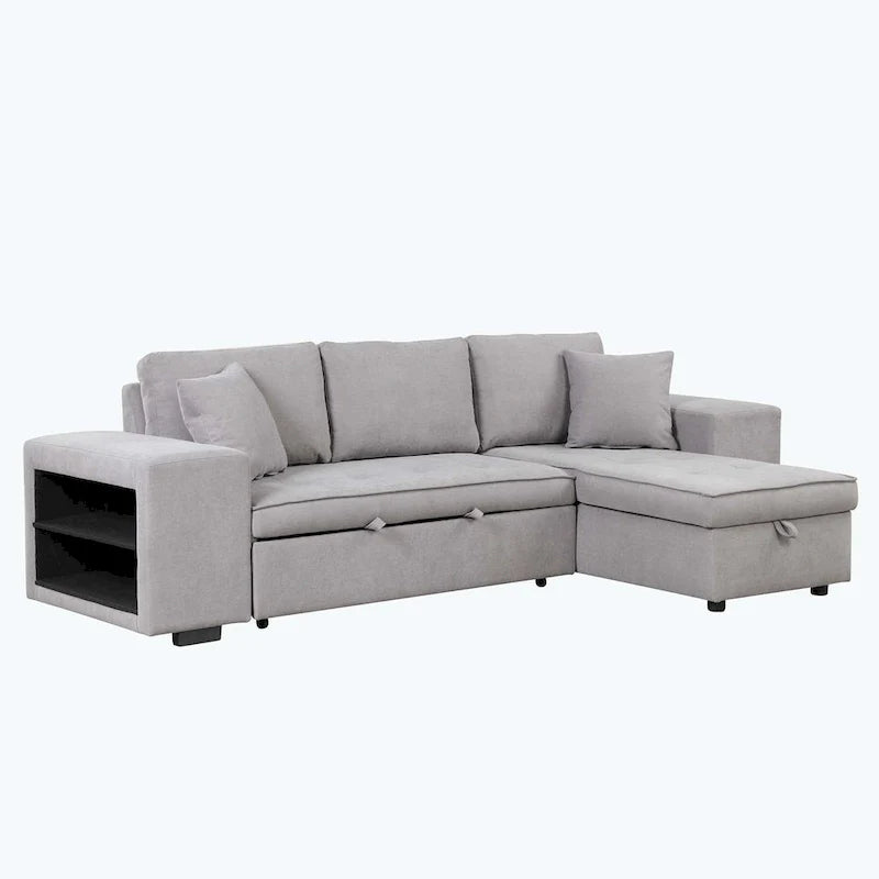 Canapé d'angle moderne réversible 3 places, avec méridienne de rangement et 2 poufs