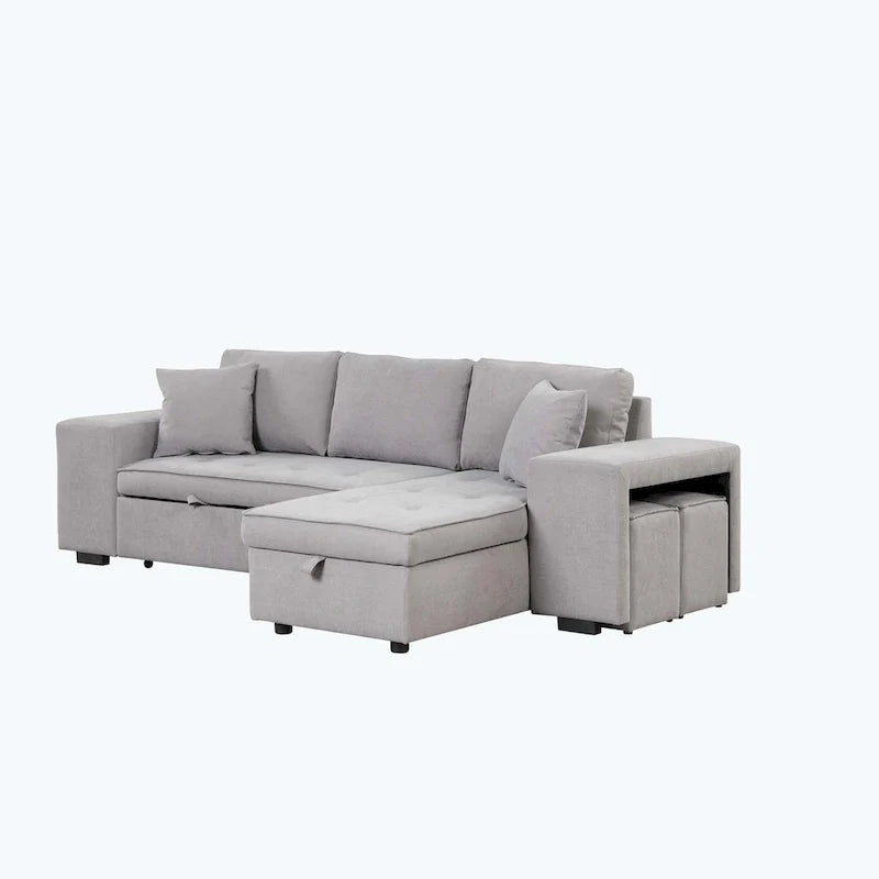 Canapé d'angle moderne réversible 3 places, avec méridienne de rangement et 2 poufs