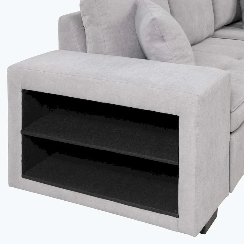 Canapé d'angle moderne réversible 3 places, avec méridienne de rangement et 2 poufs