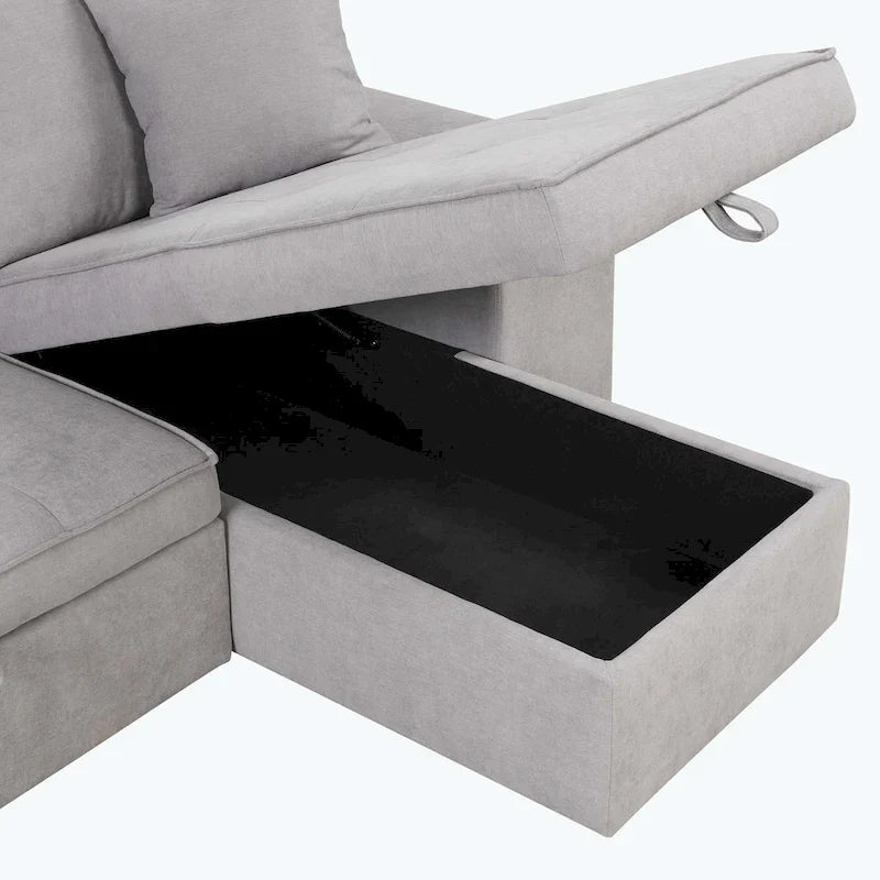 Canapé d'angle moderne réversible 3 places, avec méridienne de rangement et 2 poufs
