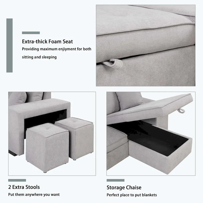Canapé d'angle moderne réversible 3 places, avec méridienne de rangement et 2 poufs