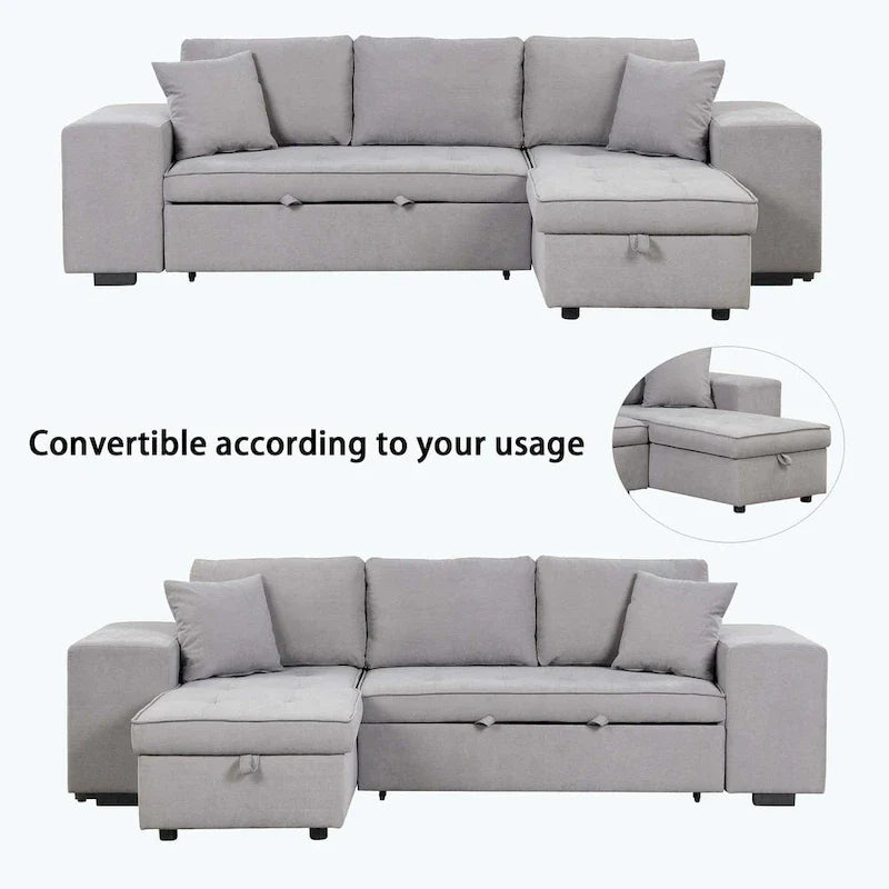 Canapé d'angle moderne réversible 3 places, avec méridienne de rangement et 2 poufs