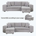 Canapé d'angle moderne réversible 3 places, avec méridienne de rangement et 2 poufs