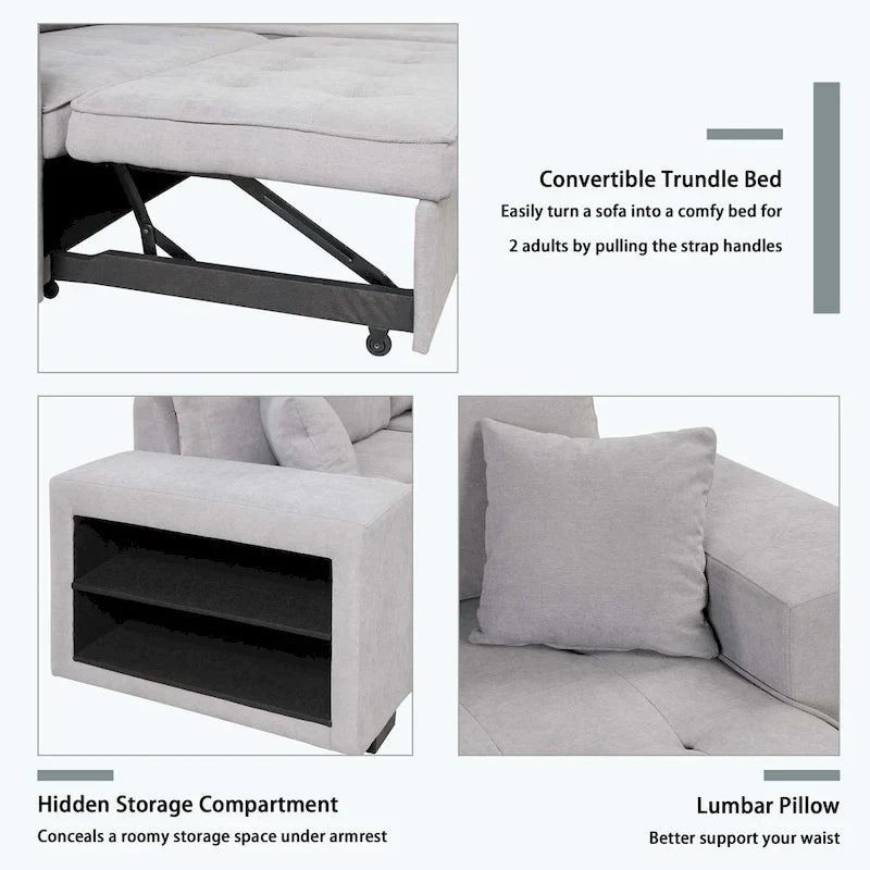 Canapé d'angle moderne réversible 3 places, avec méridienne de rangement et 2 poufs