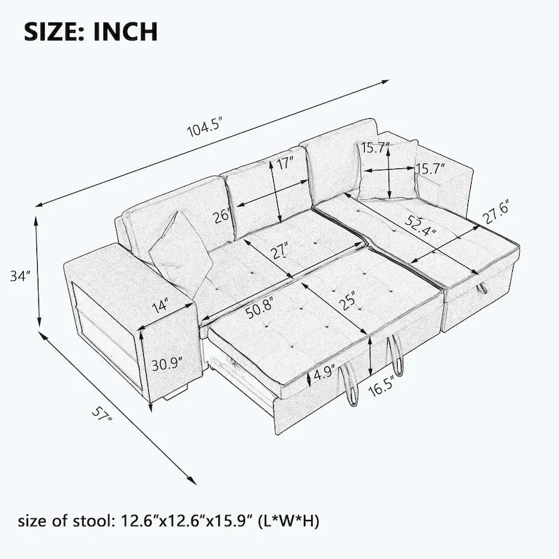 Canapé d'angle moderne réversible 3 places, avec méridienne de rangement et 2 poufs