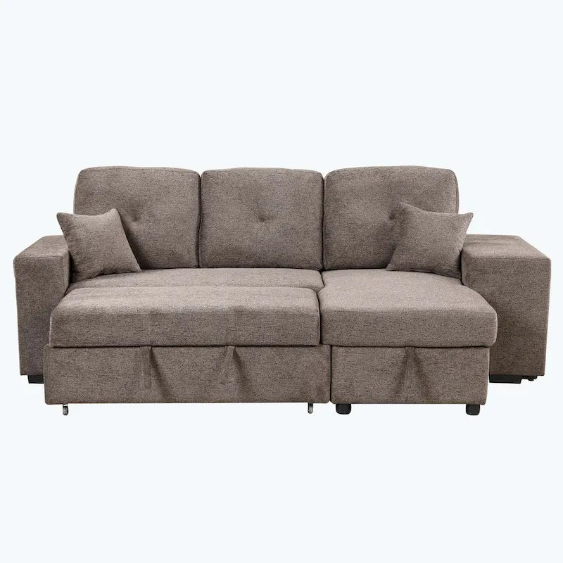 Canapé d'angle moderne réversible 3 places, avec méridienne de rangement et 2 poufs