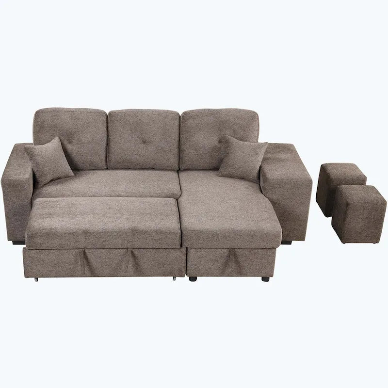 Canapé d'angle moderne réversible 3 places, avec méridienne de rangement et 2 poufs