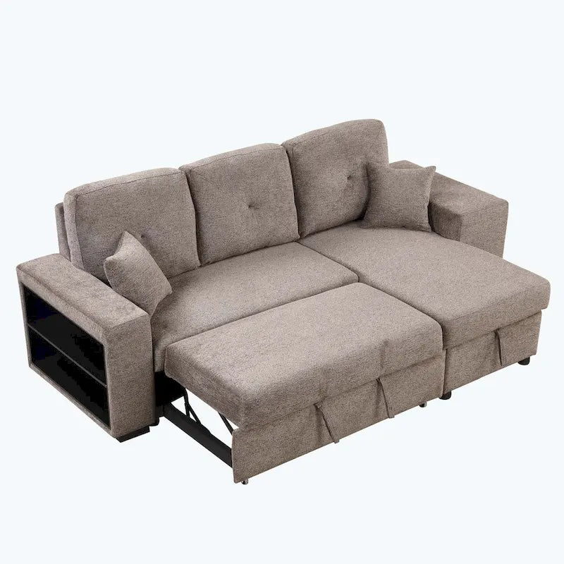Canapé d'angle moderne réversible 3 places, avec méridienne de rangement et 2 poufs