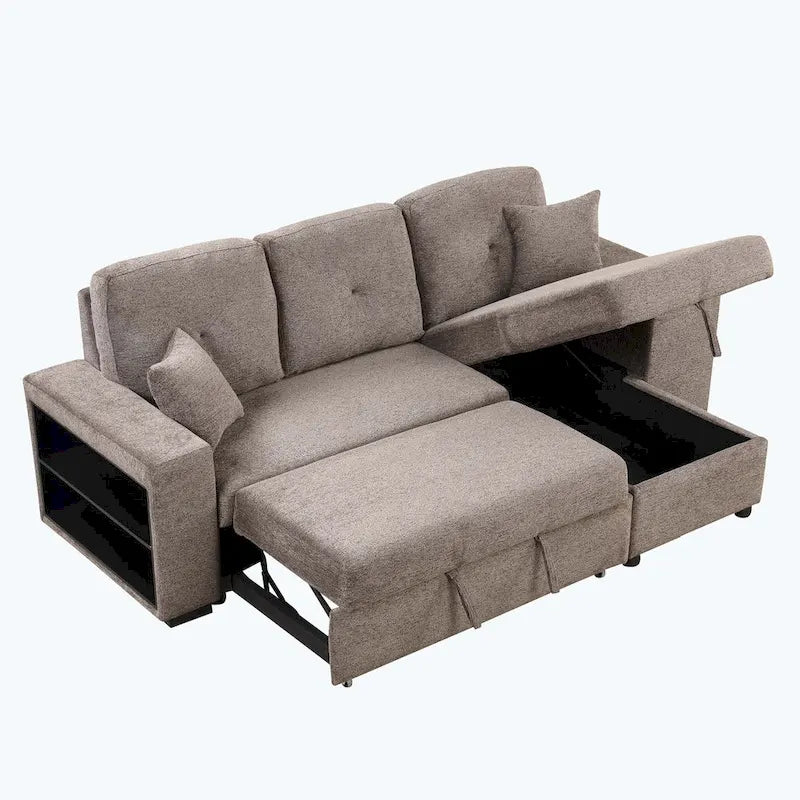 Canapé d'angle moderne réversible 3 places, avec méridienne de rangement et 2 poufs