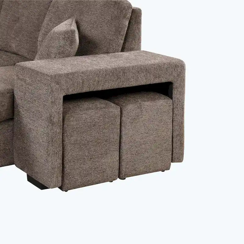 Canapé d'angle moderne réversible 3 places, avec méridienne de rangement et 2 poufs